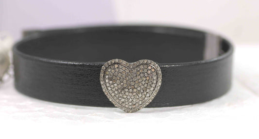 Heart Shape Leather Choker Necklaces With Pave Diamond. 925 Oxidized Sterling Silver Diamond necklaces, Genuine handmade pave diamond necklaces.