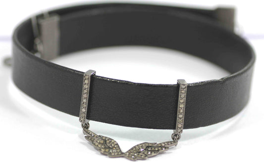 Wings Shape Leather Choker Necklaces With Pave Diamond. 925 Oxidized Sterling Silver Diamond necklaces, Genuine handmade pave diamond necklaces.