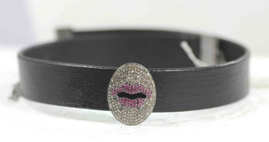 Leather Choker Necklaces With Pave Diamond. 925 Oxidized Sterling Silver Diamond necklaces, Genuine handmade pave diamond necklaces.