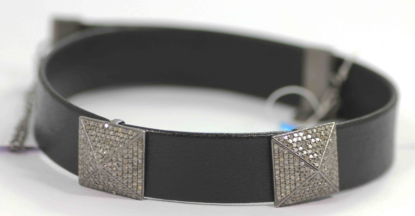 Leather Choker Necklaces With Pave Diamond. 925 Oxidized Sterling Silver Diamond necklaces, Genuine handmade pave diamond necklaces.