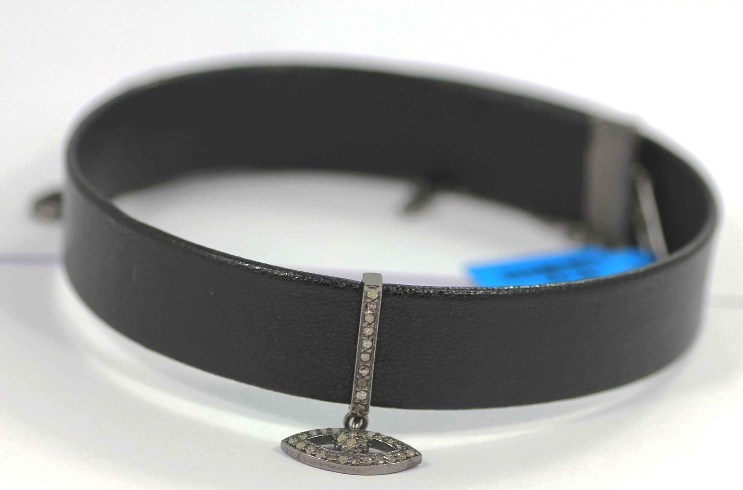 Evil Eye Leather Choker Necklaces With Pave Diamond. 925 Oxidized Sterling Silver Diamond necklaces, Genuine handmade pave diamond necklaces.