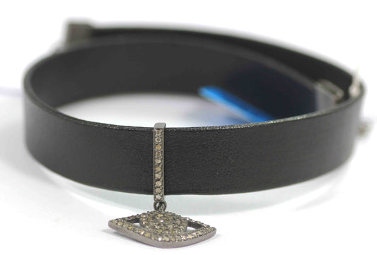 Evil Eye Leather Choker Necklaces With Pave Diamond. 925 Oxidized Sterling Silver Diamond necklaces, Genuine handmade pave diamond necklaces.