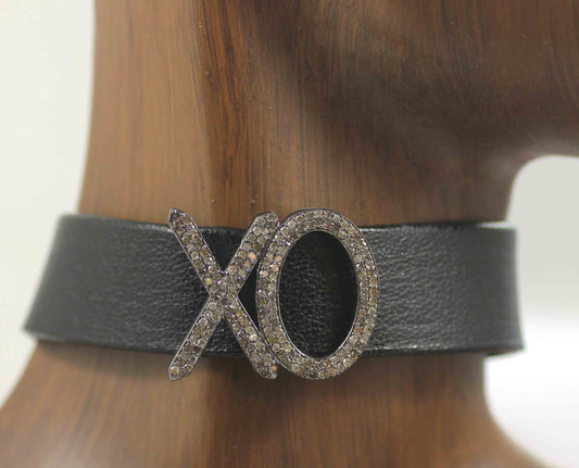 XO Leather Choker Necklaces With Pave Diamond. 925 Oxidized Sterling Silver Diamond necklaces, Genuine handmade pave diamond necklaces.