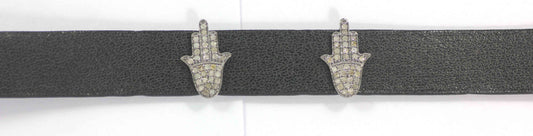 Hamsa Hand Shape Leather Choker Necklaces With Pave Diamond. 925 Oxidized Sterling Silver Diamond necklaces, Genuine handmade pave diamond necklaces.