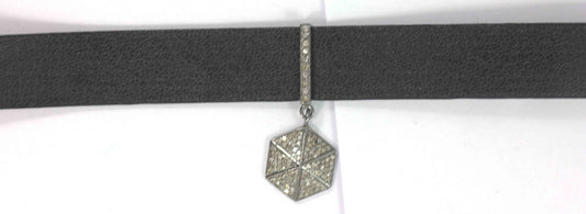 Leather Choker Necklaces With Pave Diamond. 925 Oxidized Sterling Silver Diamond necklaces, Genuine handmade pave diamond necklaces.