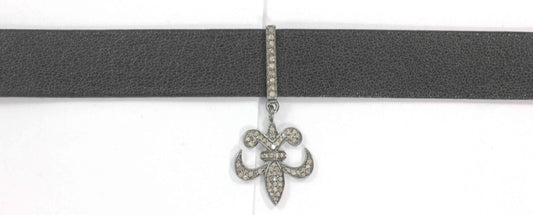 Fleur Di Lis Shape Leather Choker Necklaces With Pave Diamond. 925 Oxidized Sterling Silver Diamond necklaces, Genuine handmade pave diamond necklaces.