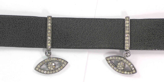 Evil Eye Leather Choker Necklaces With Pave Diamond. 925 Oxidized Sterling Silver Diamond necklaces, Genuine handmade pave diamond necklaces.