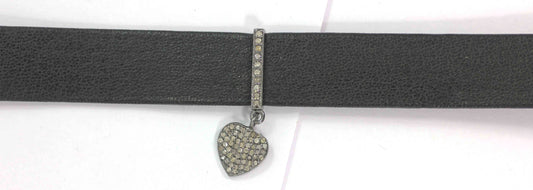 Heart Shape Leather Choker Necklaces With Pave Diamond. 925 Oxidized Sterling Silver Diamond necklaces, Genuine handmade pave diamond necklaces.