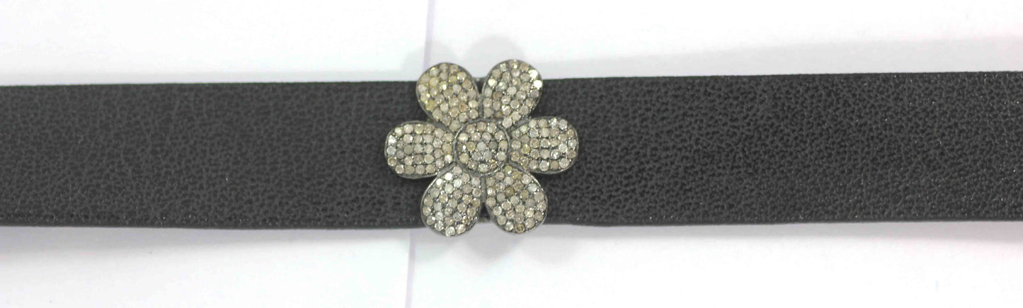 Flower Shape Leather Choker Necklaces With Pave Diamond. 925 Oxidized Sterling Silver Diamond necklaces, Genuine handmade pave diamond necklaces.