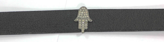 Hamsa Hand Shape Leather Choker Necklaces With Pave Diamond. 925 Oxidized Sterling Silver Diamond necklaces, Genuine handmade pave diamond necklaces.