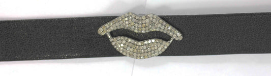 Lips Shape Leather Choker Necklaces With Pave Diamond. 925 Oxidized Sterling Silver Diamond necklaces, Genuine handmade pave diamond necklaces.