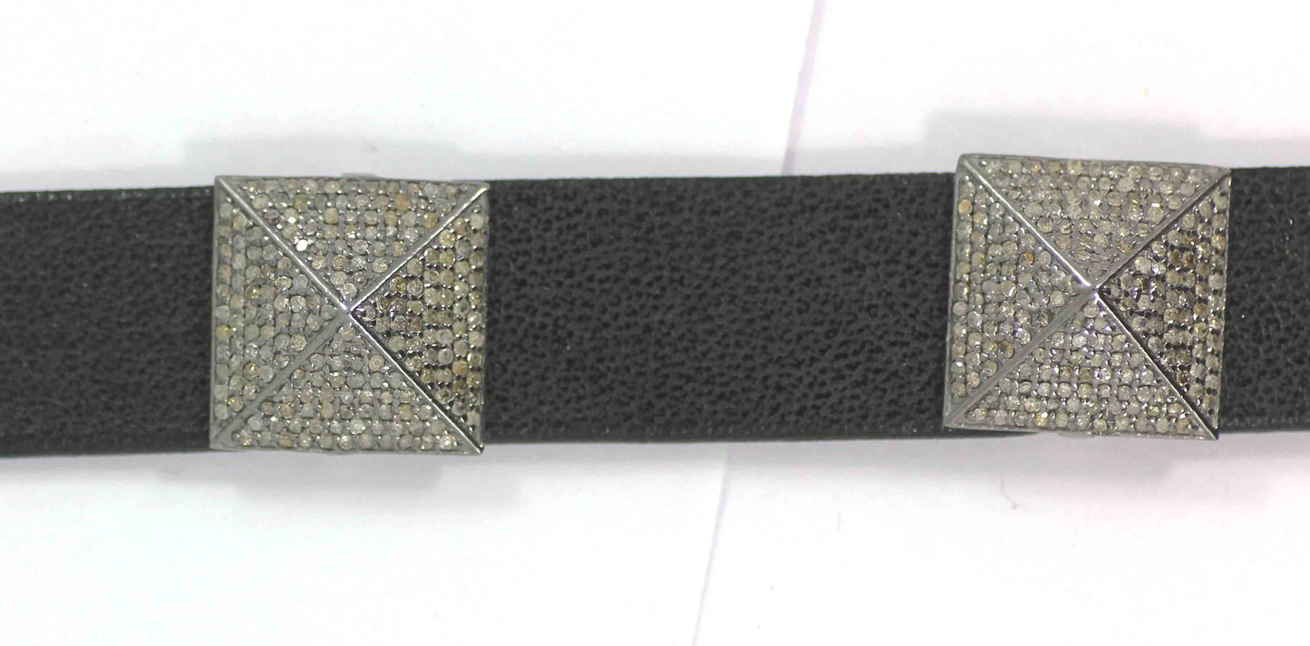 Leather Choker Necklaces With Pave Diamond. 925 Oxidized Sterling Silver Diamond necklaces, Genuine handmade pave diamond necklaces.