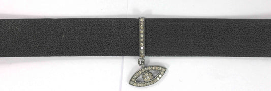 Evil Eye Leather Choker Necklaces With Pave Diamond. 925 Oxidized Sterling Silver Diamond necklaces, Genuine handmade pave diamond necklaces.