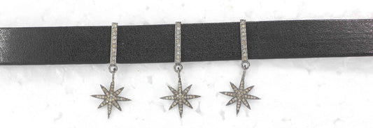 Star Leather Choker Necklaces With Pave Diamond. 925 Oxidized Sterling Silver Diamond necklaces, Genuine handmade pave diamond necklaces.