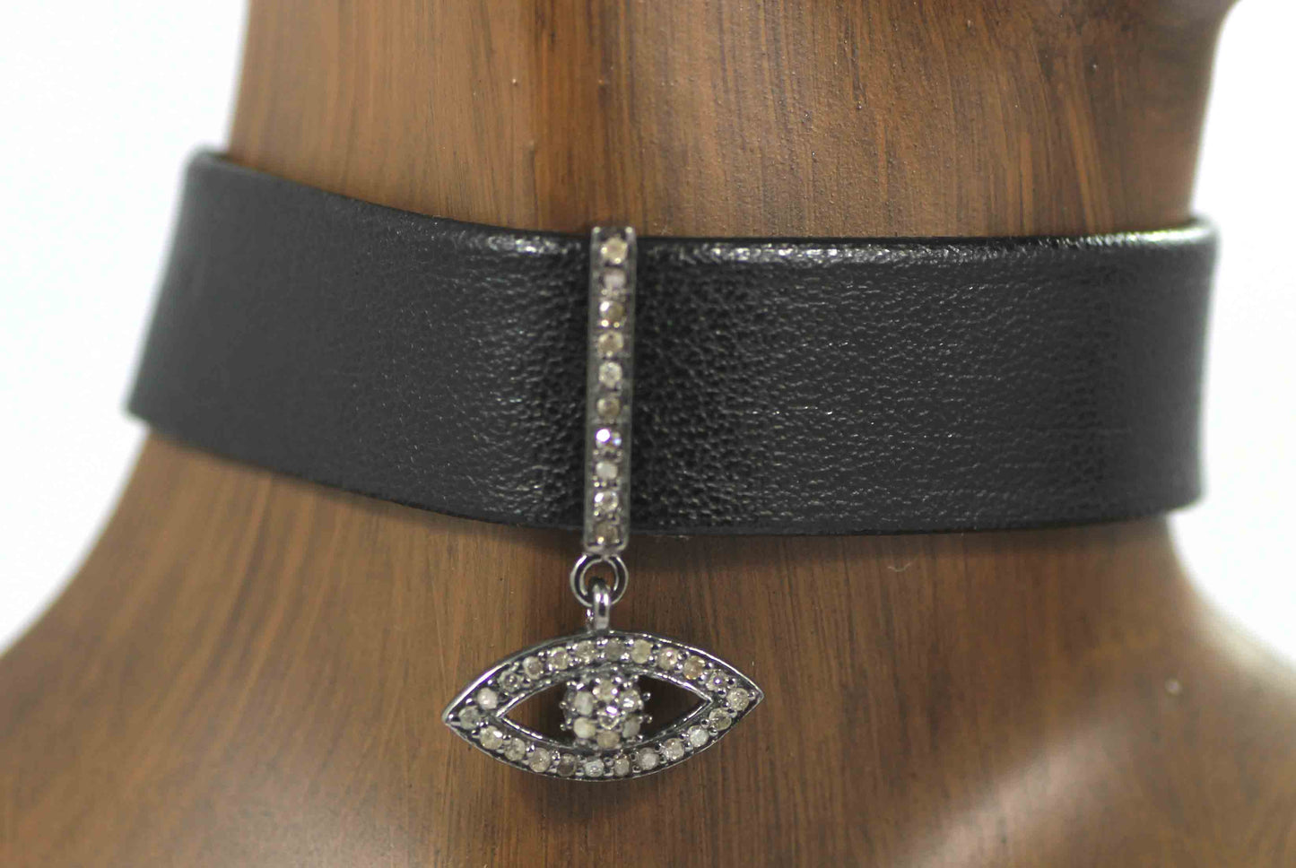 Evil Eye Leather Choker Necklaces With Pave Diamond. 925 Oxidized Sterling Silver Diamond necklaces, Genuine handmade pave diamond necklaces.
