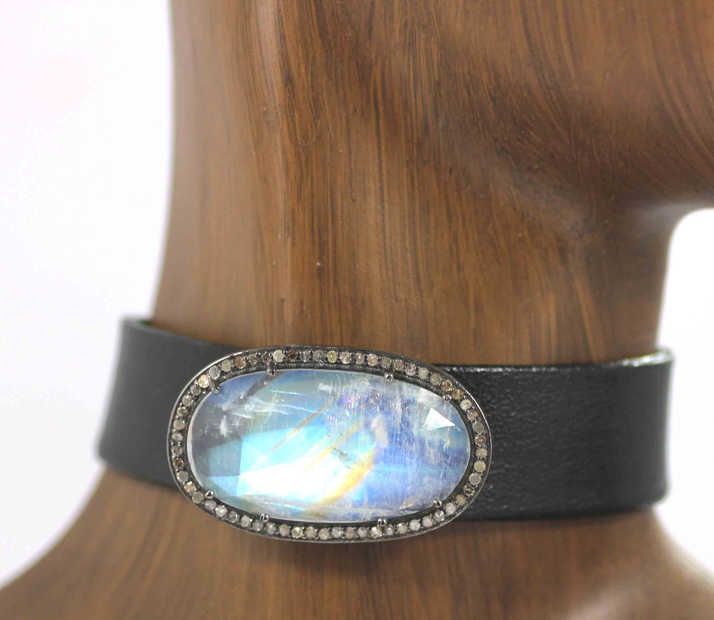 Leather Choker Necklaces With Pave Diamond. 925 Oxidized Sterling Silver Diamond necklaces, Genuine handmade pave diamond necklaces.