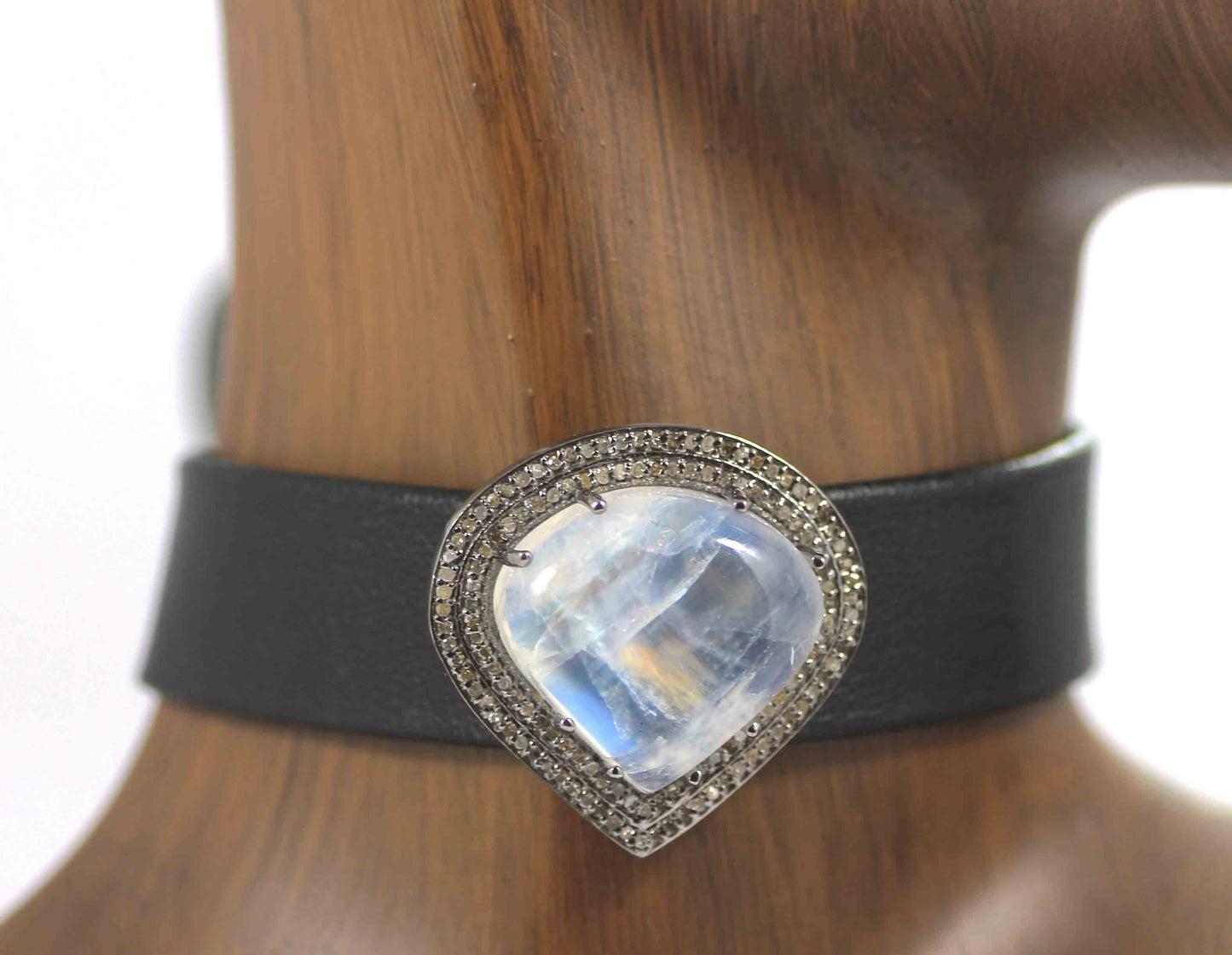 Drop Shape Leather Choker Necklaces With Pave Diamond. 925 Oxidized Sterling Silver Diamond necklaces, Genuine handmade pave diamond necklaces.
