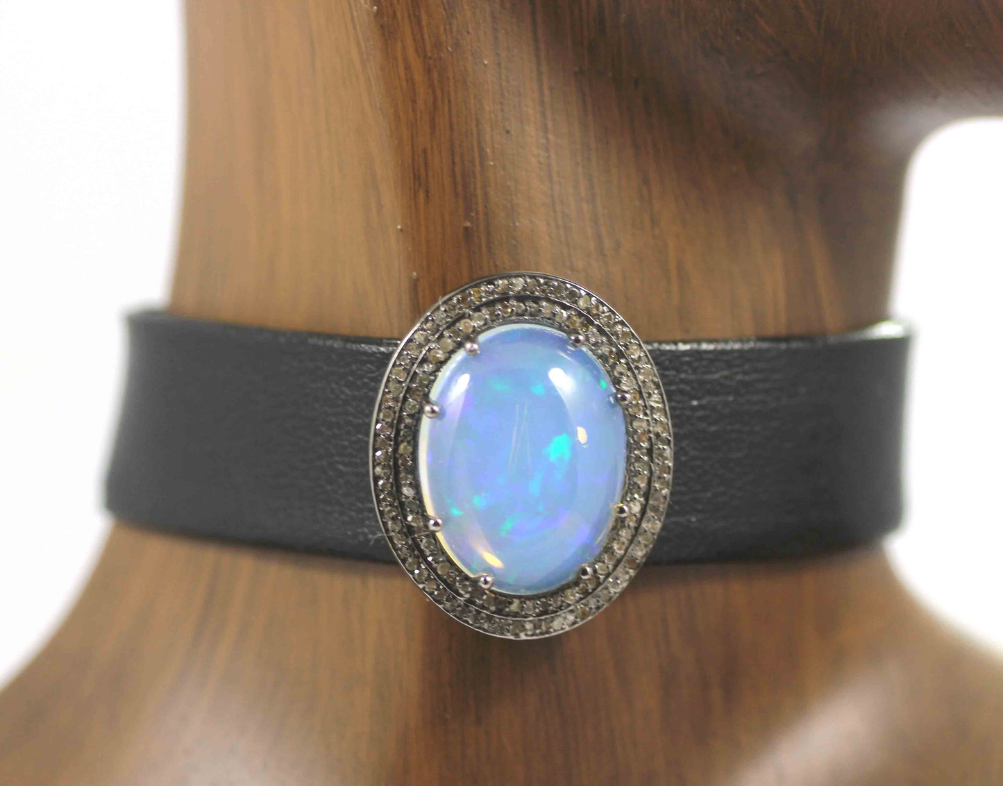 Oval Shape Leather Choker Necklaces With Pave Diamond. 925 Oxidized Sterling Silver Diamond necklaces, Genuine handmade pave diamond necklaces.