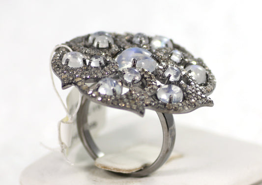 Flower Pave Diamond Ring .925 Oxidized Sterling Silver Diamond Ring, Genuine handmade pave diamond Ring Size Approx 1.28"(32 MM)