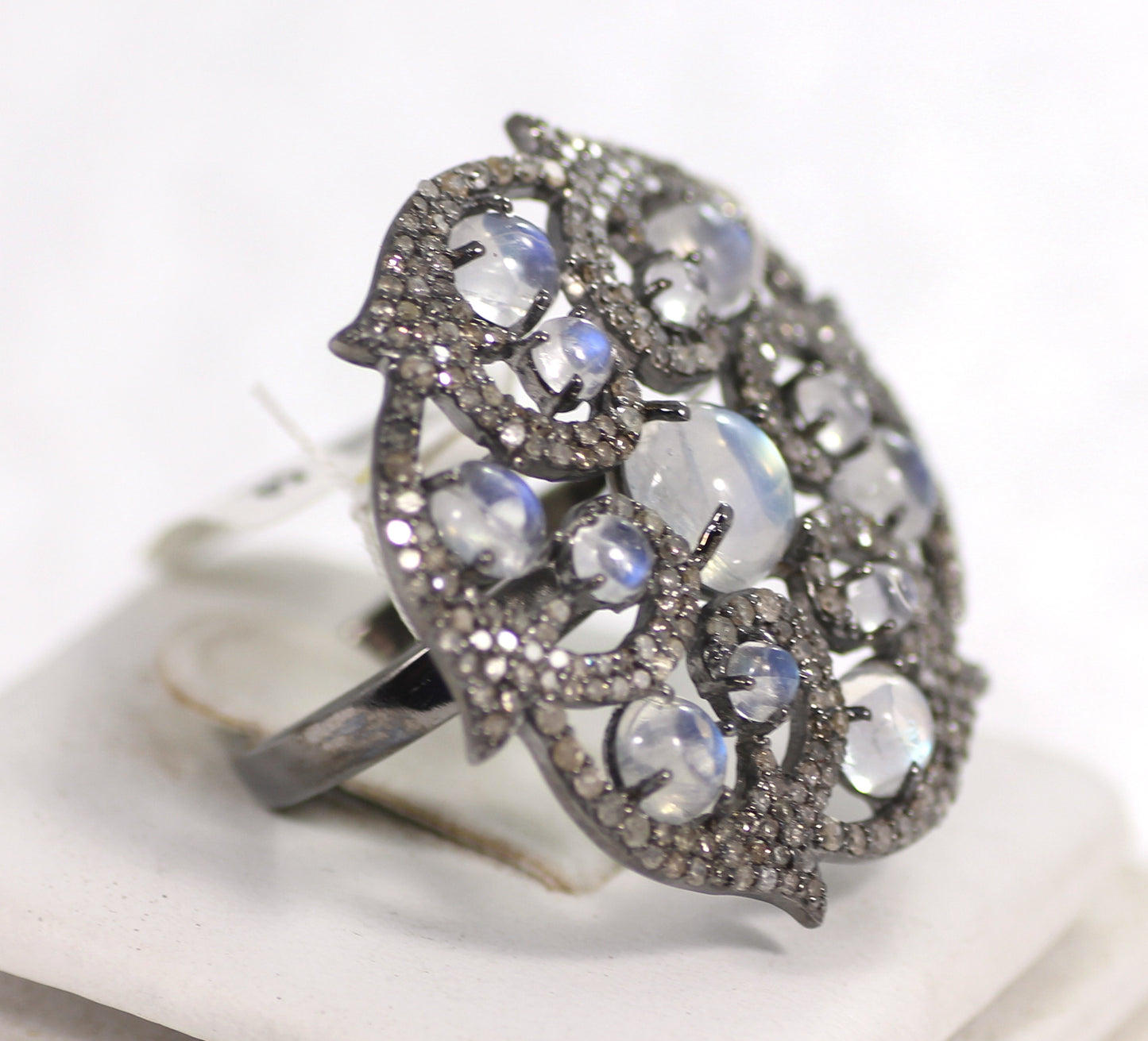 Flower Pave Diamond Ring .925 Oxidized Sterling Silver Diamond Ring, Genuine handmade pave diamond Ring Size Approx 1.28"(32 MM)