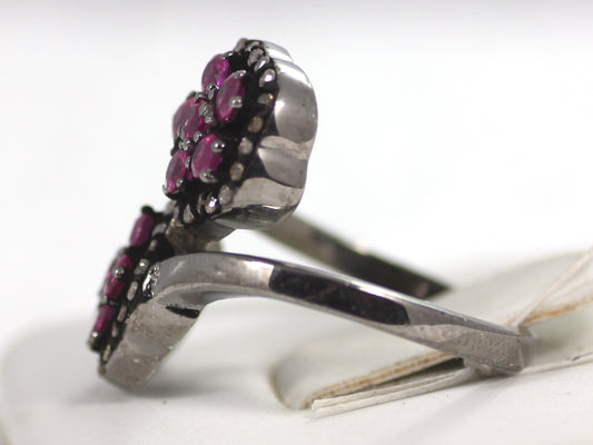 Double Flower Pave Diamond Ring .925 Oxidized Sterling Silver Diamond Ring, Genuine handmade pave diamond Ring Size Approx