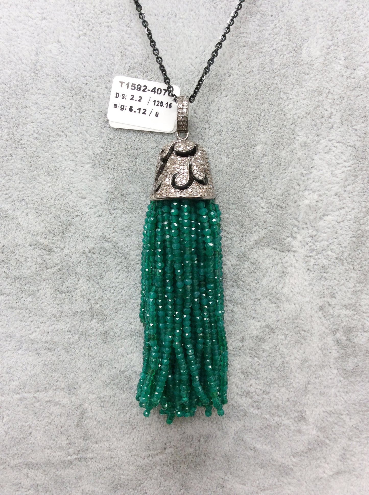 Diamond And Green onyx Tassel Necklace. 925 Oxidized Sterling Silver Diamond Tassel.