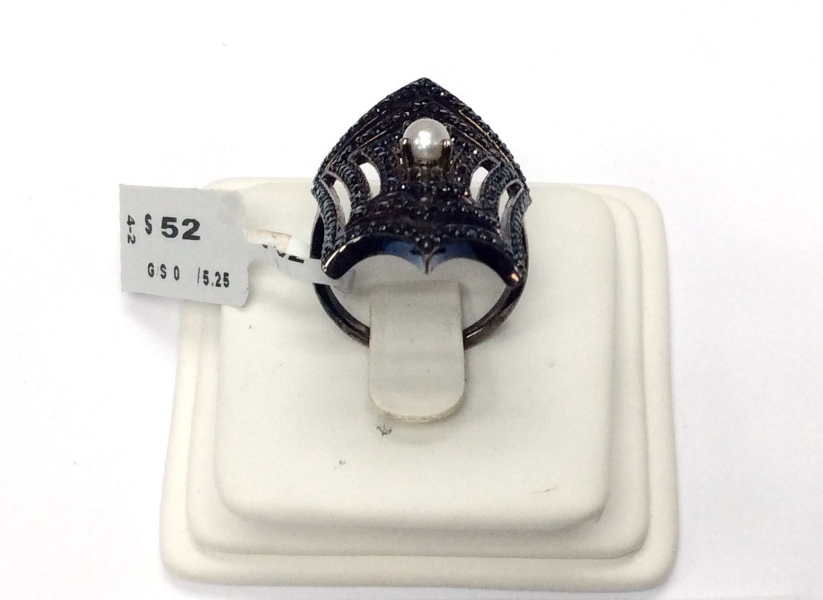 Black Spinel Ring With Pearl .925 Oxidized Sterling Silver Black Spinal Ring, Genuine handmade pave Black Spinal Ring Size Approx(21x36 mm)