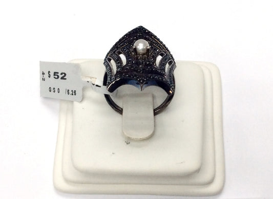 Black Spinel Ring With Pearl .925 Oxidized Sterling Silver Black Spinal Ring, Genuine handmade pave Black Spinal Ring Size Approx(21x36 mm)