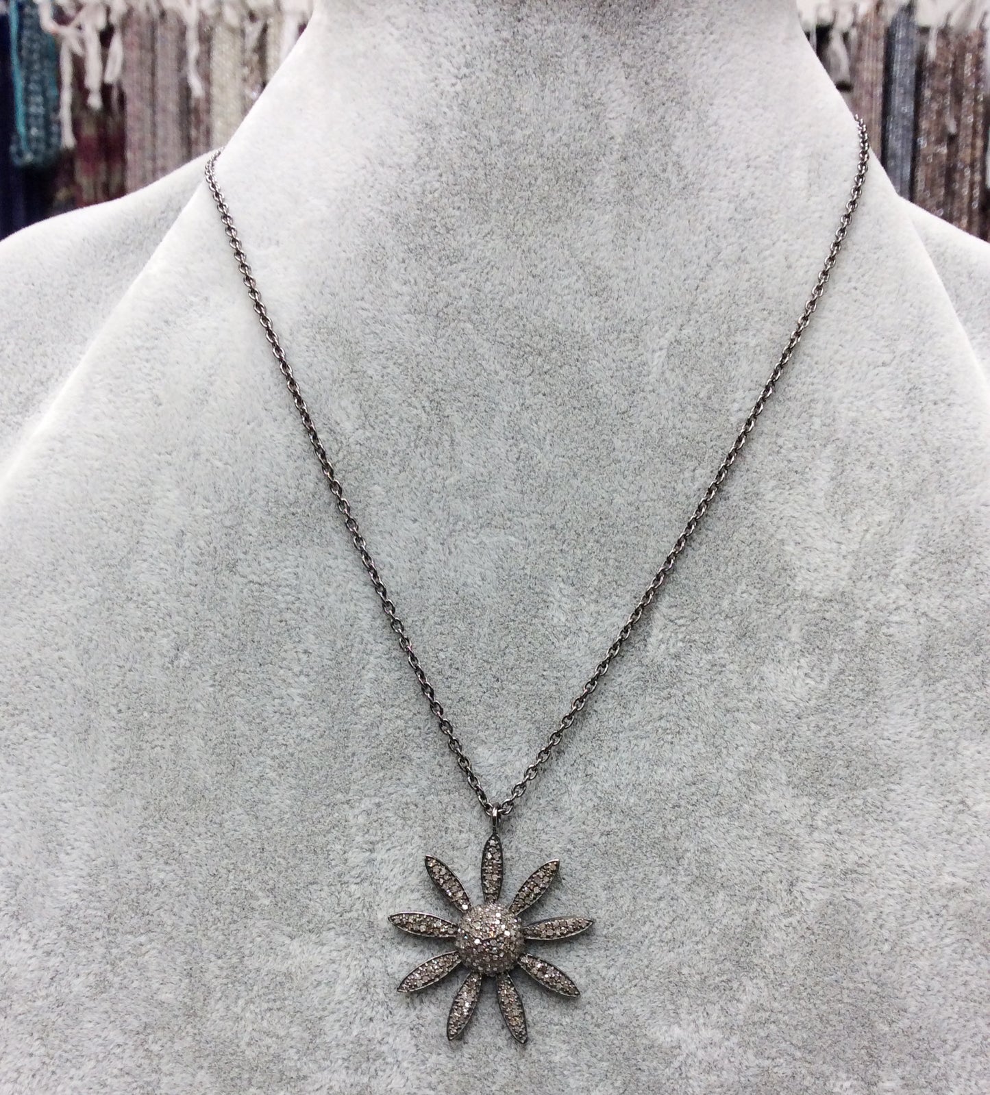 Flower Diamond Necklace .925 Oxidized Sterling Silver Diamond Necklace, Genuine handmade pave diamond Necklace .