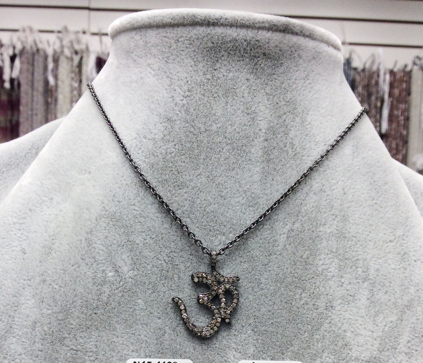 Om Diamond Necklace .925 Oxidized Sterling Silver Diamond Necklace, Genuine handmade pave diamond Necklace. Size 26 mm