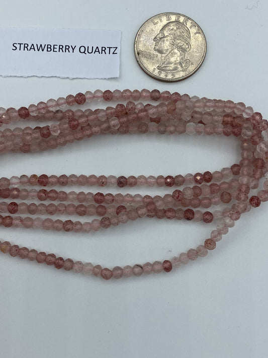 QUARTZ, STRAWBERRY QUARTZ BEADS ROUND FACETED 3-4MM