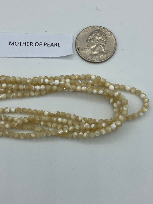 Pearl, MOTHER OF PEARL BEADS ROUND FACETED 3-4MM