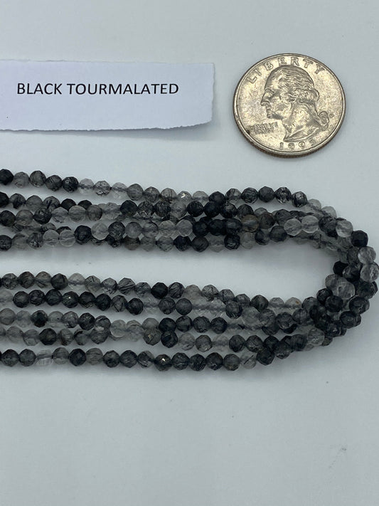 Quartz, Black Rutilated Tourmalinated Quartz Faceted Beads Round Faceted 3-4MM