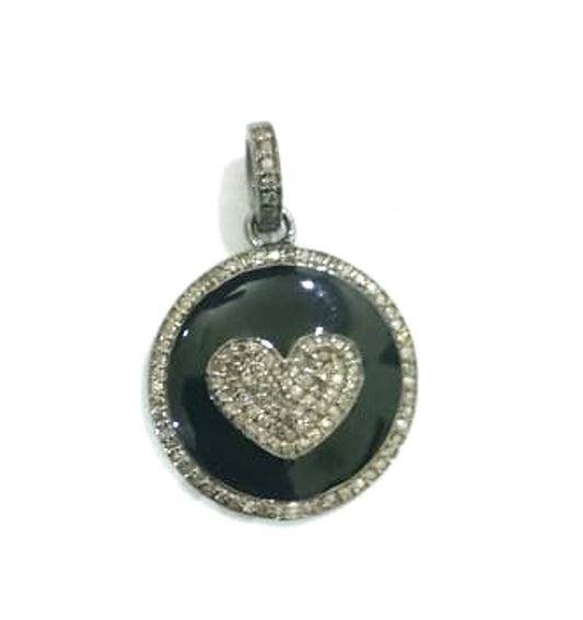 Enamel Heart Shaped Diamond Pendant .925 Oxidized Sterling Silver Diamond Pendant, Genuine handmade pave diamond Charm Size 22 MM