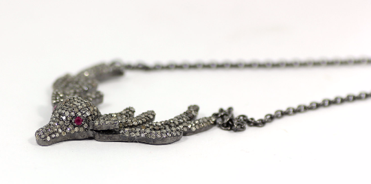 Deer Diamond Necklace .925 Oxidized Sterling Silver Diamond Necklace, Genuine handmade pave diamond Necklace Size Approx 1.40"(35 MM)