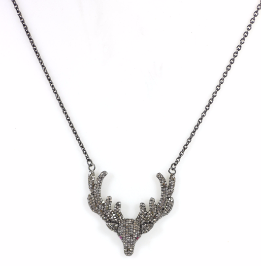 Deer Diamond Necklace .925 Oxidized Sterling Silver Diamond Necklace, Genuine handmade pave diamond Necklace Size Approx 1.40"(35 MM)
