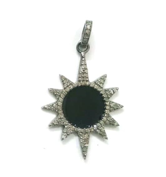 Enamel Sunburst Shape Diamond Pendant .925 Oxidized Sterling Silver Diamond Pendant, Genuine handmade pave diamond Charm Size 35x25 MM