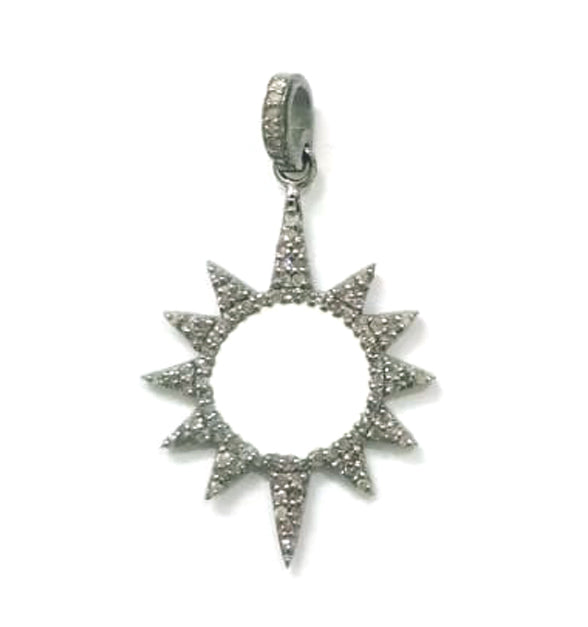 Enamel Sunburst Shape Diamond Pendant .925 Oxidized Sterling Silver Diamond Pendant, Genuine handmade pave diamond Charm Size 35x25 MM