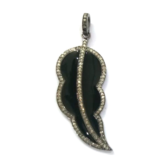Enamel Leaf Shape Diamond Pendant .925 Oxidized Sterling Silver Diamond Pendant, Genuine handmade pave diamond Charm Size 45x20 MM