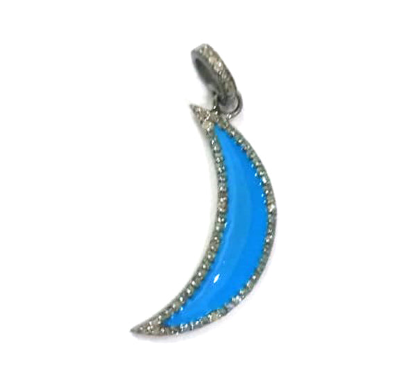 Enamel Moon Shape Diamond Pendant .925 Oxidized Sterling Silver Diamond Pendant, Genuine handmade pave diamond Charm Size 30X20 MM