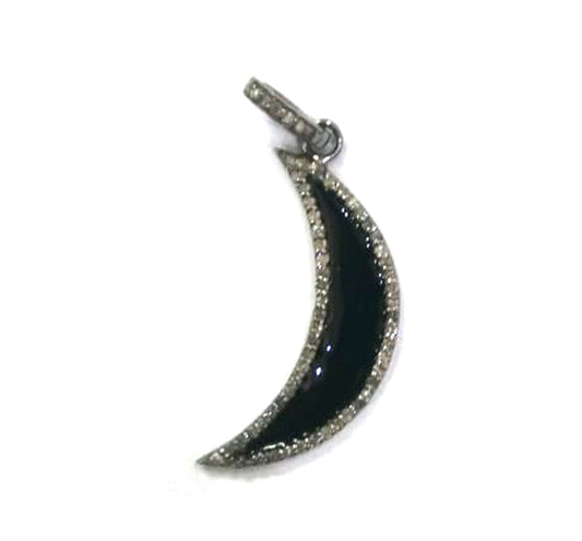 Enamel Moon Shape Diamond Pendant .925 Oxidized Sterling Silver Diamond Pendant, Genuine handmade pave diamond Charm Size 30X20 MM