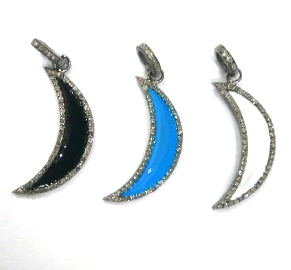 Enamel Moon Shape Diamond Pendant .925 Oxidized Sterling Silver Diamond Pendant, Genuine handmade pave diamond Charm Size 30X20 MM