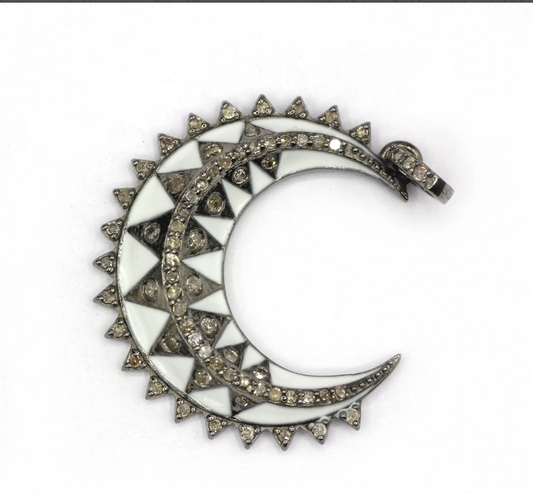 Moon Shape Diamond Pendant .925 Oxidized Sterling Silver Diamond Pendant, Diamond Pendant