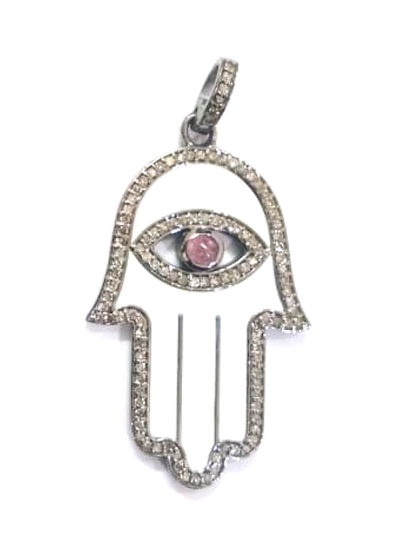 Enamel Hamsa Hand Diamond Pendant .925 Oxidized Sterling Silver Diamond Pendant, Genuine handmade pave diamond Charm Size 56X24 MM