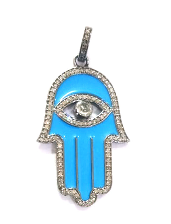 Enamel Hamsa Hand Diamond Pendant .925 Oxidized Sterling Silver Diamond Pendant, Genuine handmade pave diamond Charm Size 56X24 MM