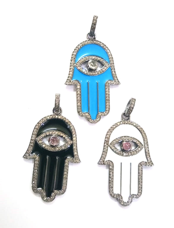 Enamel Hamsa Hand Diamond Pendant .925 Oxidized Sterling Silver Diamond Pendant, Genuine handmade pave diamond Charm Size 56X24 MM
