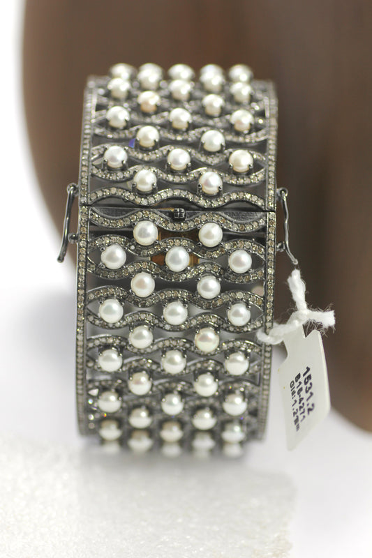 Pearl & Diamond Silver Bangle