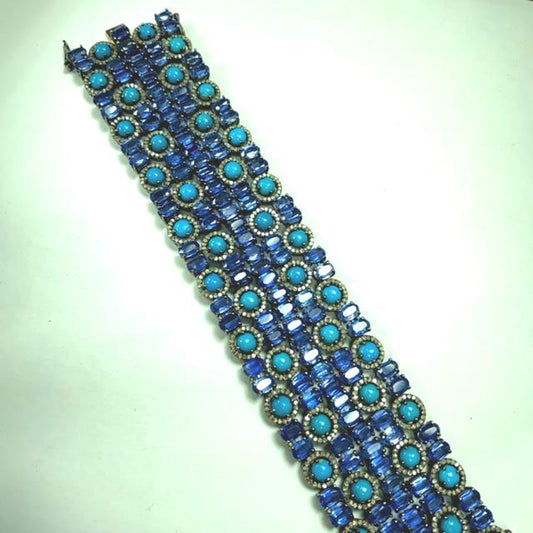 Turquoise Natural and Kynite Natural oval cabs smooth Silver Diamond Bracelet