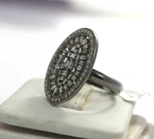 Oval Pave Diamond Ring .925 Oxidized Sterling Silver Diamond Ring, Genuine handmade pave diamond Ring.