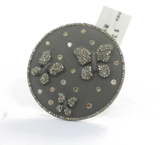 Butterfly on Disc Silver Pave Diamond Ring .925 Oxidized Sterling Silver Diamond Ring, Genuine handmade pave diamond Ring.